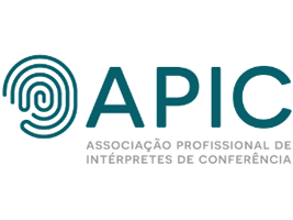 Logomarca APIC - À esquerda, círculos concêntricos formam uma imagem que lembra uma impressão digital. À direita, em letras grandes em verde azulado, APIC. Abaixo, em letras menores, lê-se Associação Profissional de Intérpretes de Conferências.